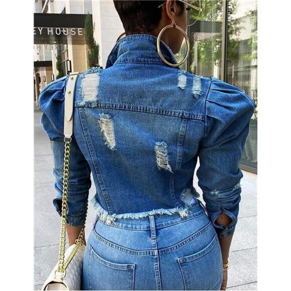 Medium Wash Blue Denim Jacket Puff Sleeve Distressed Blue Denim Cropped Jacket - Picture 2 of 4